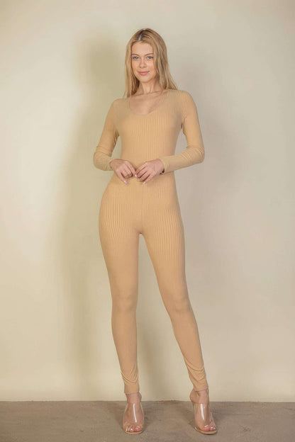 Ribbed Scoop Neck Long Sleeve Jumpsuit - The Diva Goddess