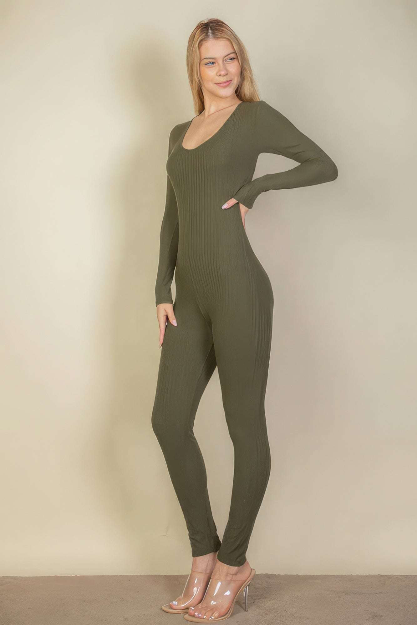 Ribbed Scoop Neck Long Sleeve Jumpsuit - The Diva Goddess