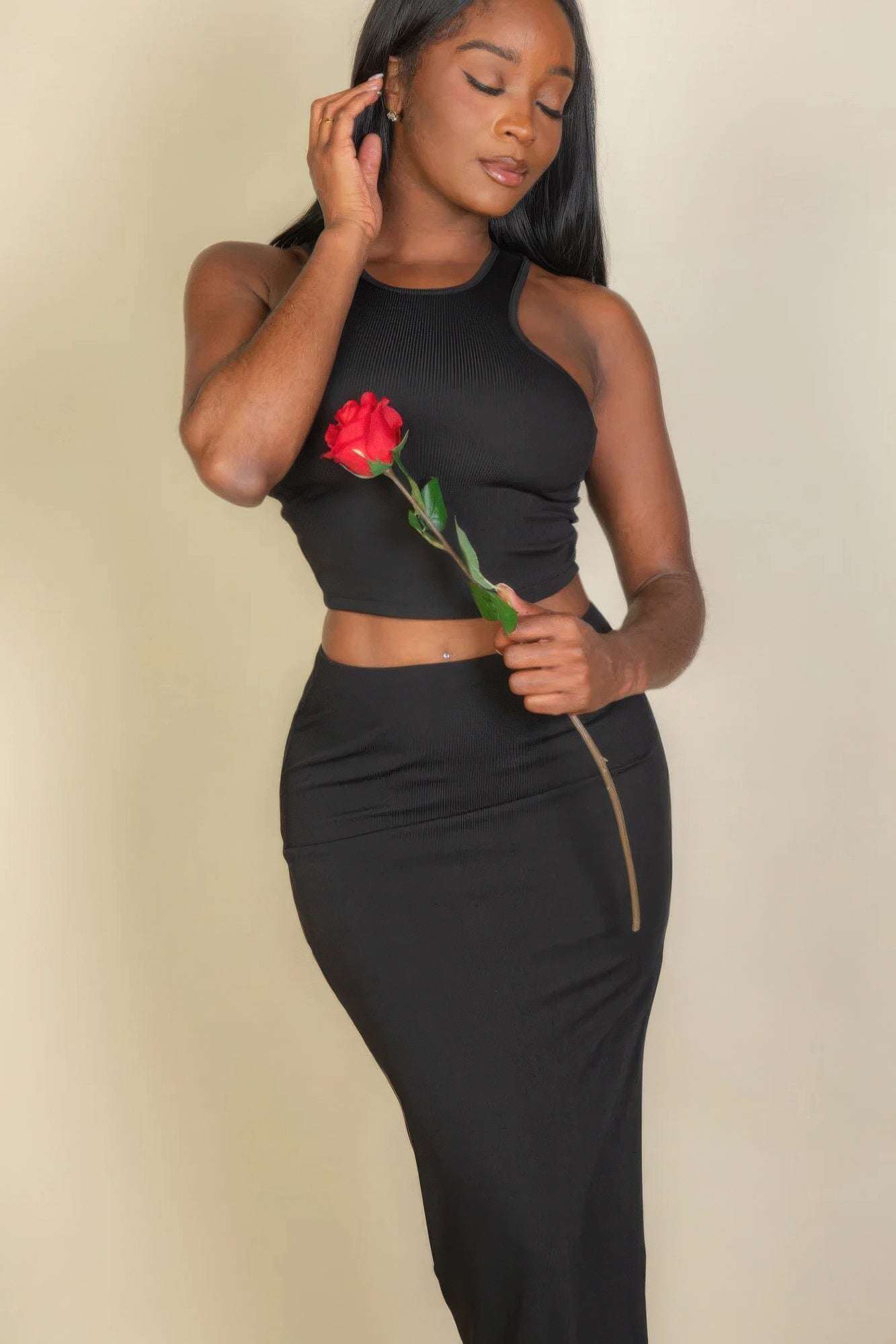 Ribbed cropped top and maxi side slit skirt - The Diva Goddess