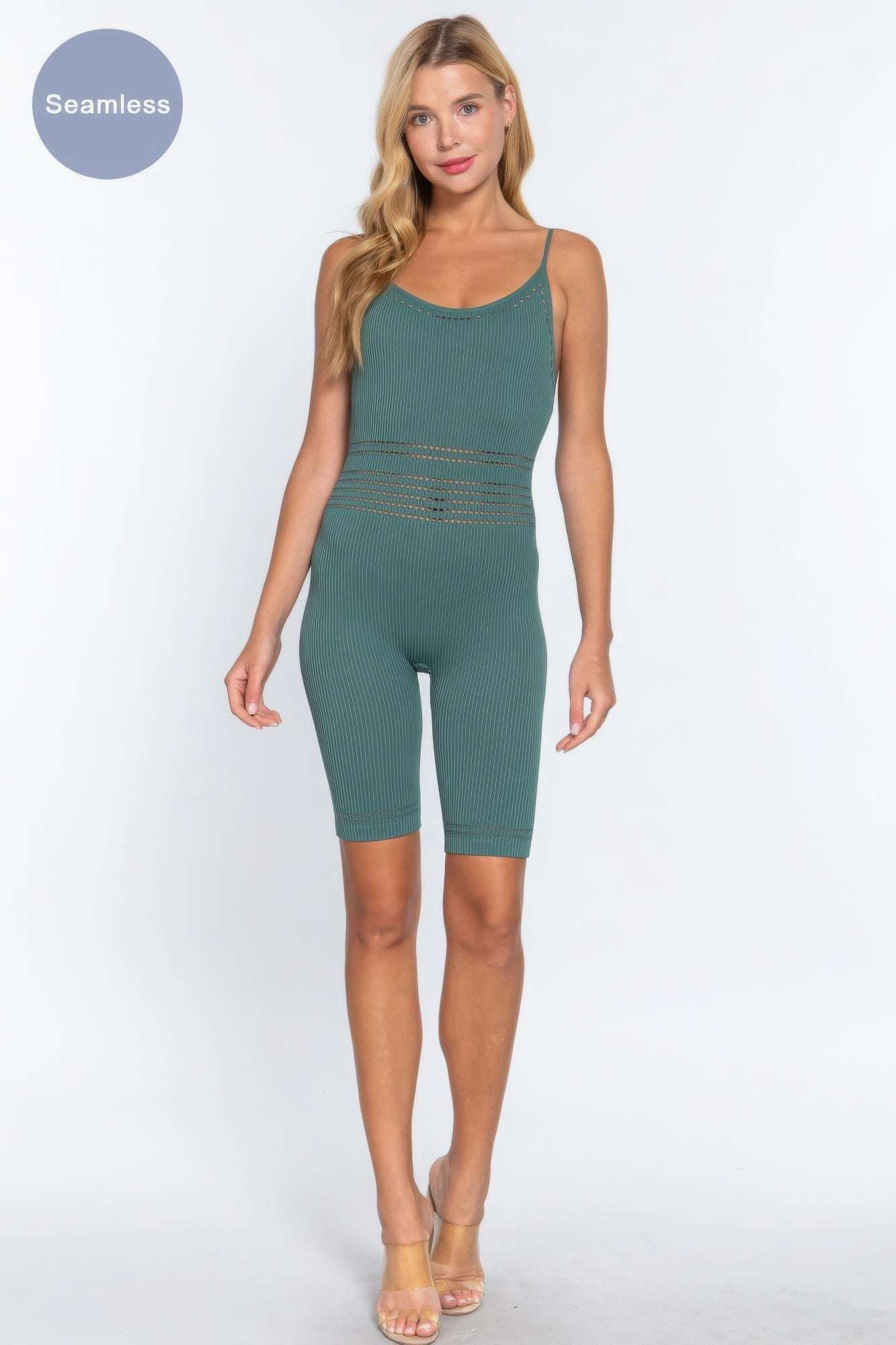 Round Neck Pointelle Detail Seamless Rib Romper - The Diva Goddess