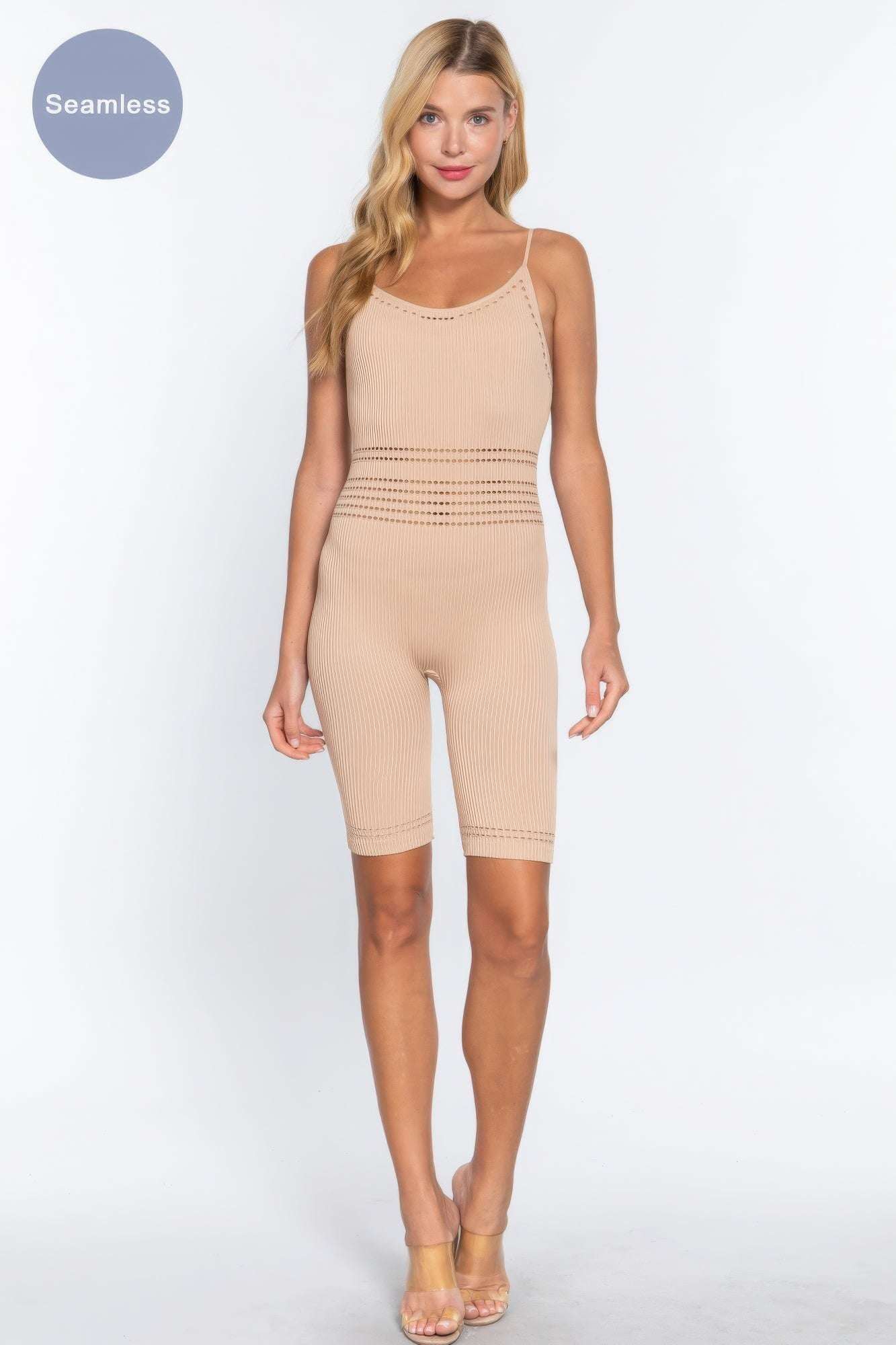 Round Neck Pointelle Detail Seamless Rib Romper - The Diva Goddess