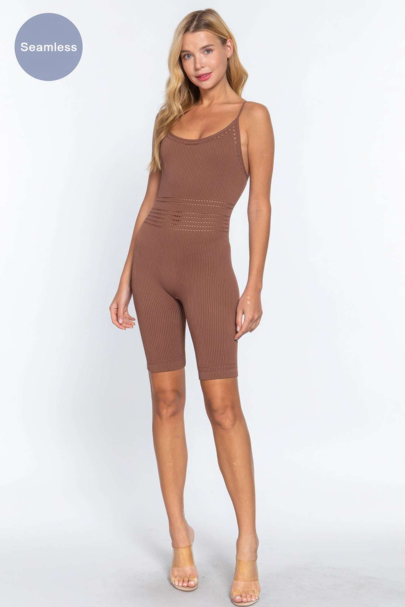 Round Neck Pointelle Detail Seamless Rib Romper - The Diva Goddess