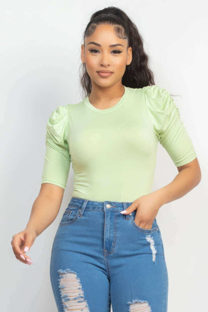 Round Neck Puff Ruched Sleeve Top - The Diva Goddess