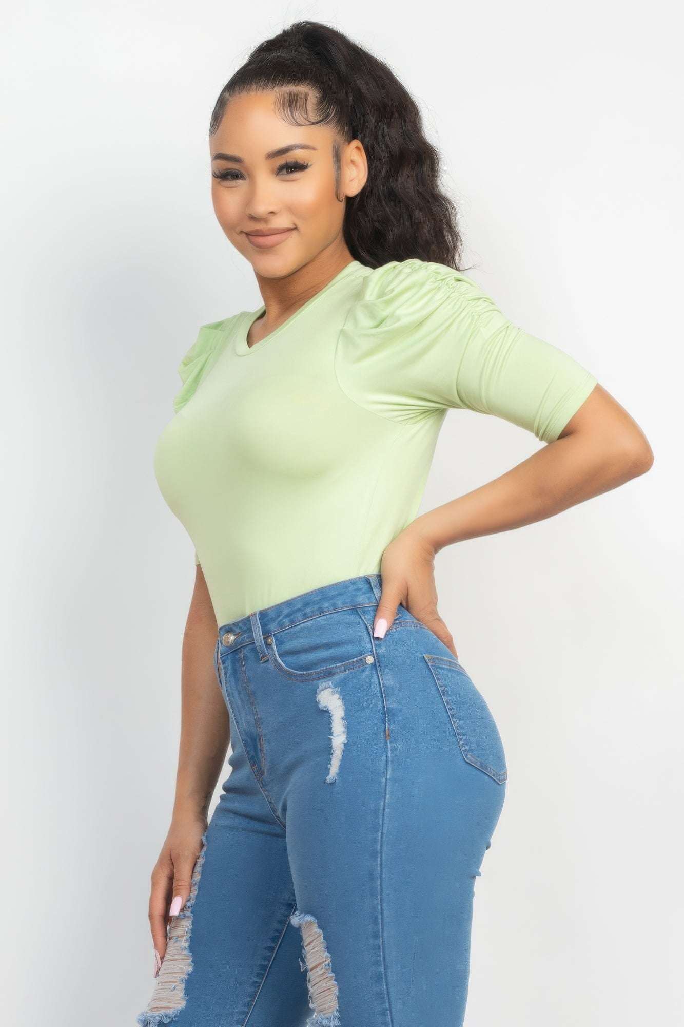 Round Neck Puff Ruched Sleeve Top - The Diva Goddess