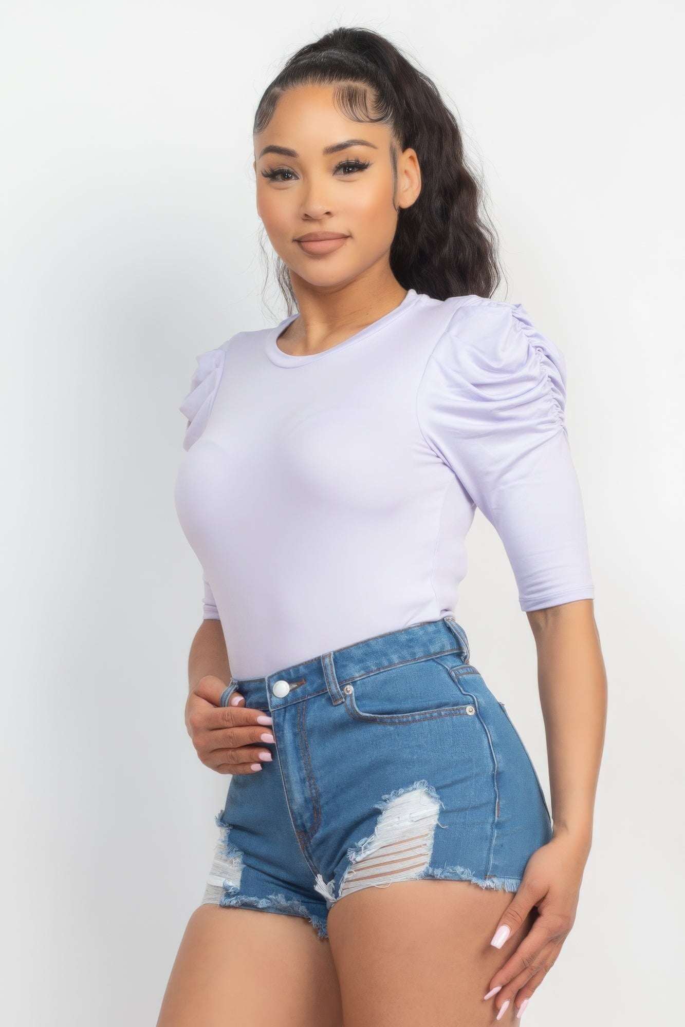 Round Neck Puff Ruched Sleeve Top - The Diva Goddess