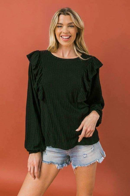 Round Neckline Front Ruffle Detail Knit Top - The Diva Goddess