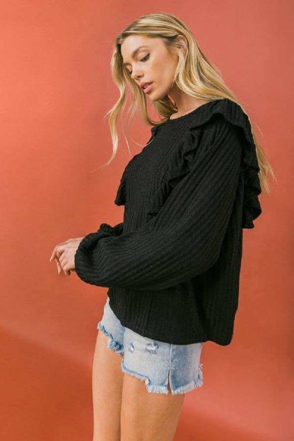 Round Neckline Front Ruffle Detail Knit Top - The Diva Goddess