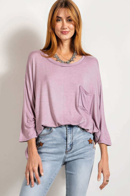 Rounded Neckline 3/4 Sleeves Washed Top - The Diva Goddess