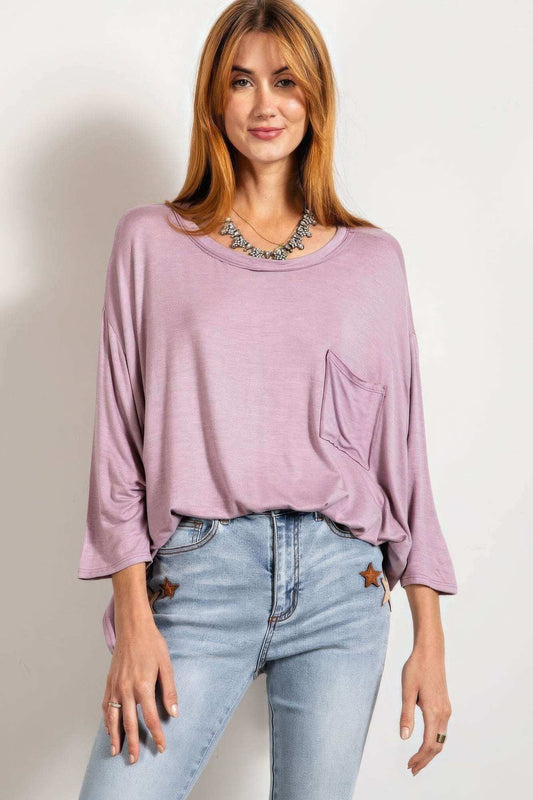 Rounded Neckline 3/4 Sleeves Washed Top - The Diva Goddess