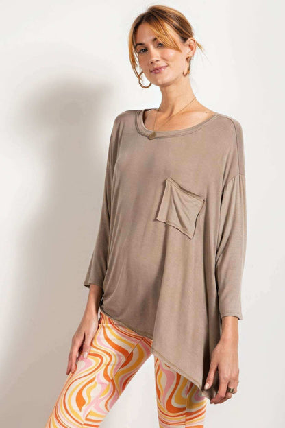 Rounded Neckline 3/4 Sleeves Washed Top - The Diva Goddess