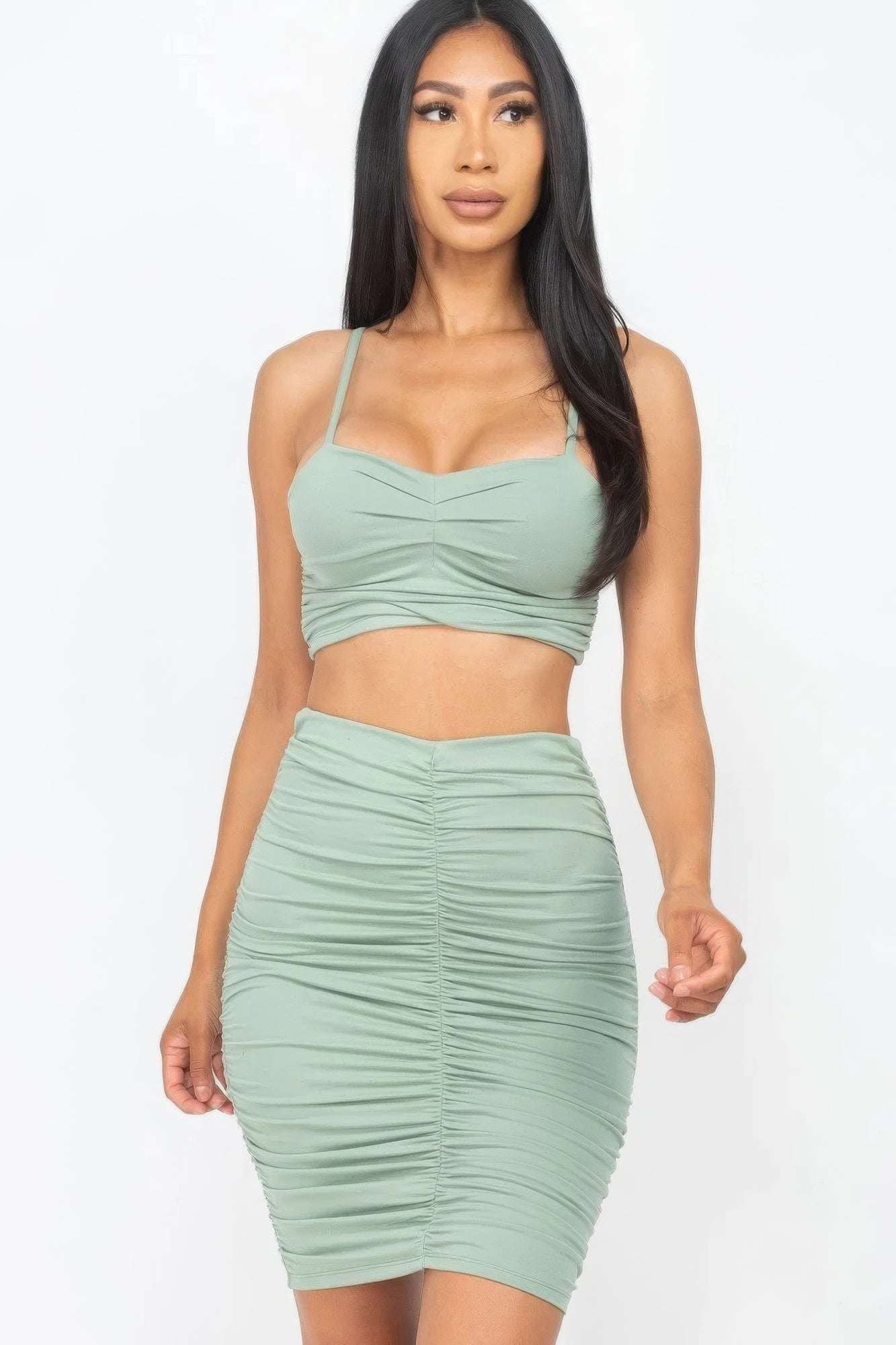 Ruched Crop Top And Skirt Sets - The Diva Goddess