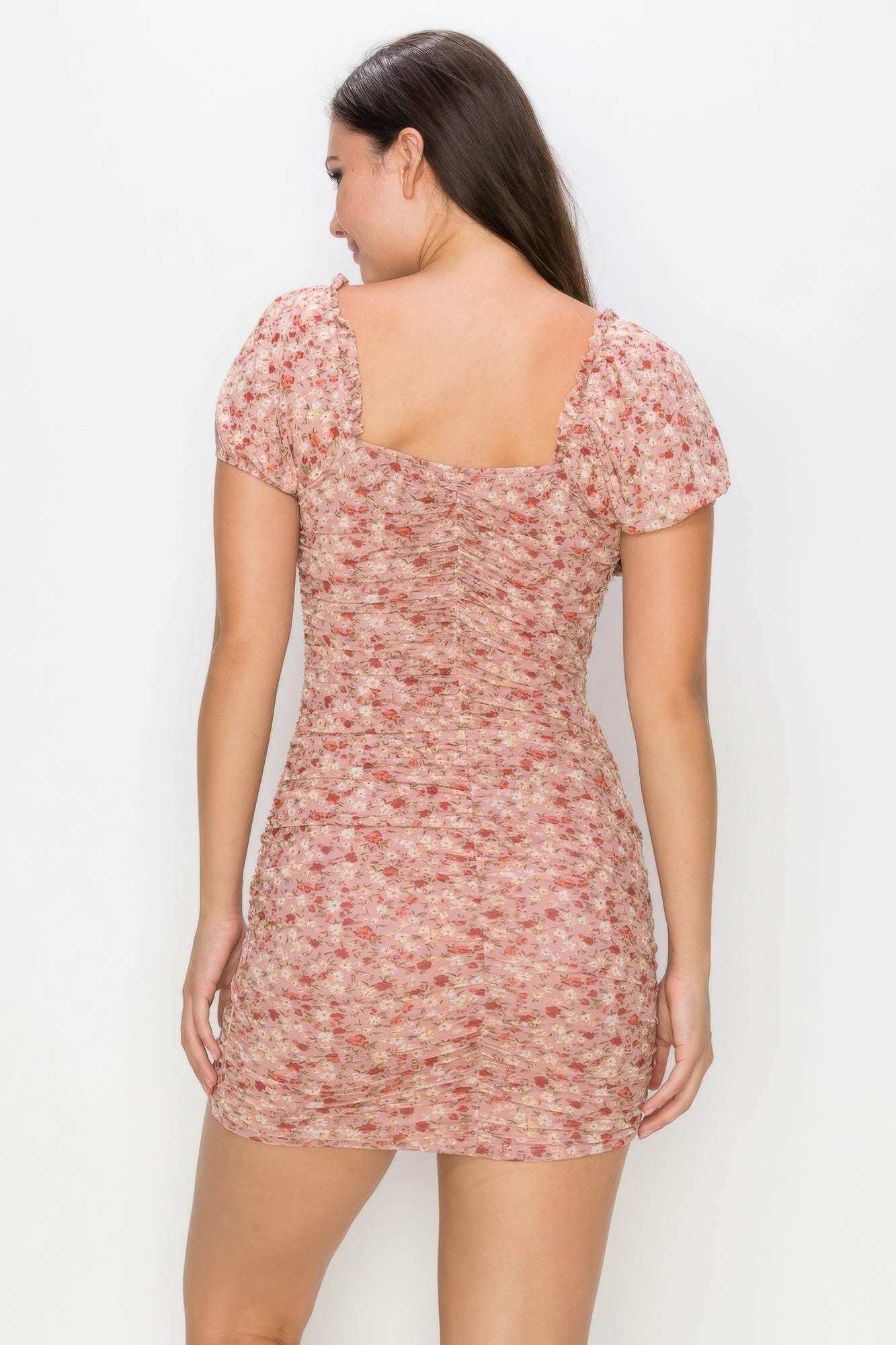 Ruched Floral Ruffled Bodycon Dress - The Diva Goddess