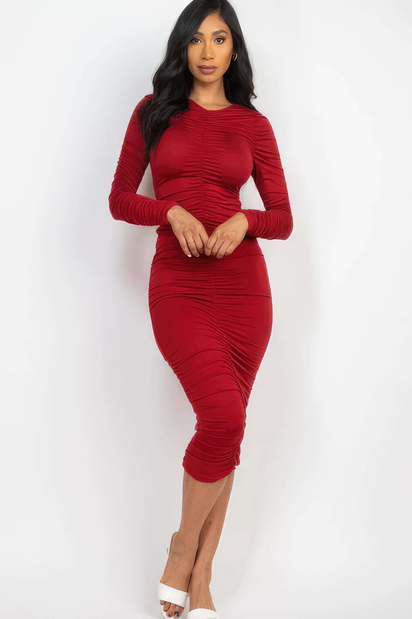 Ruched Long Sleeve Midi Dress - The Diva Goddess