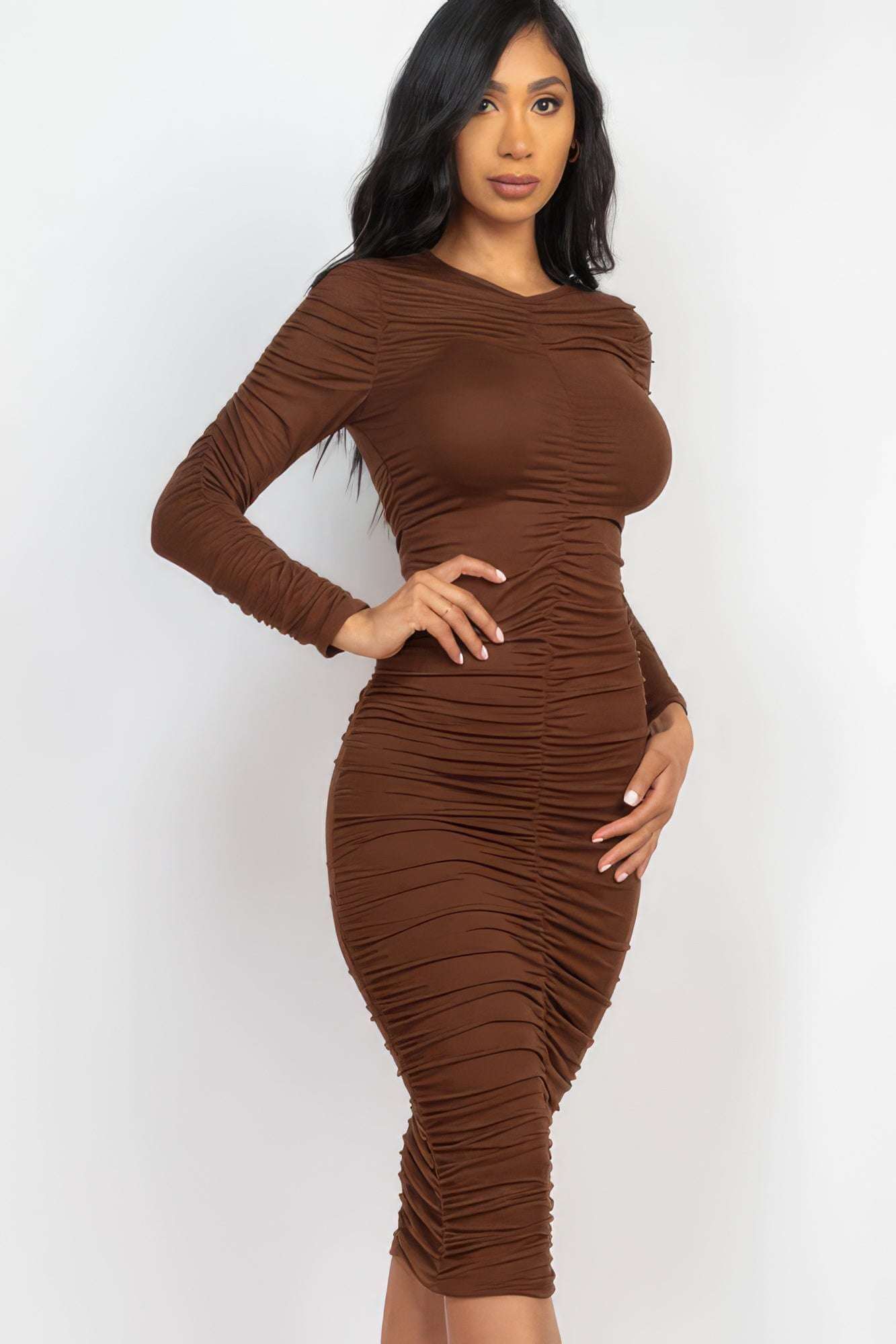 Ruched Long Sleeve Midi Dress - The Diva Goddess