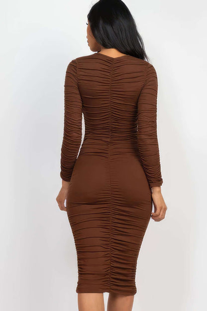 Ruched Long Sleeve Midi Dress - The Diva Goddess