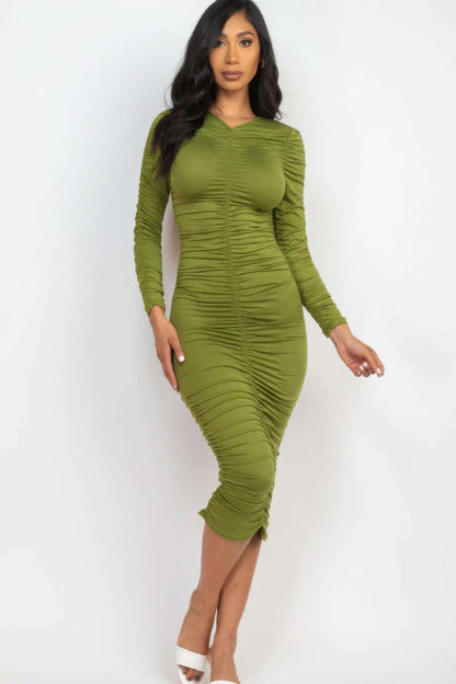 Ruched Long Sleeve Midi Dress - The Diva Goddess