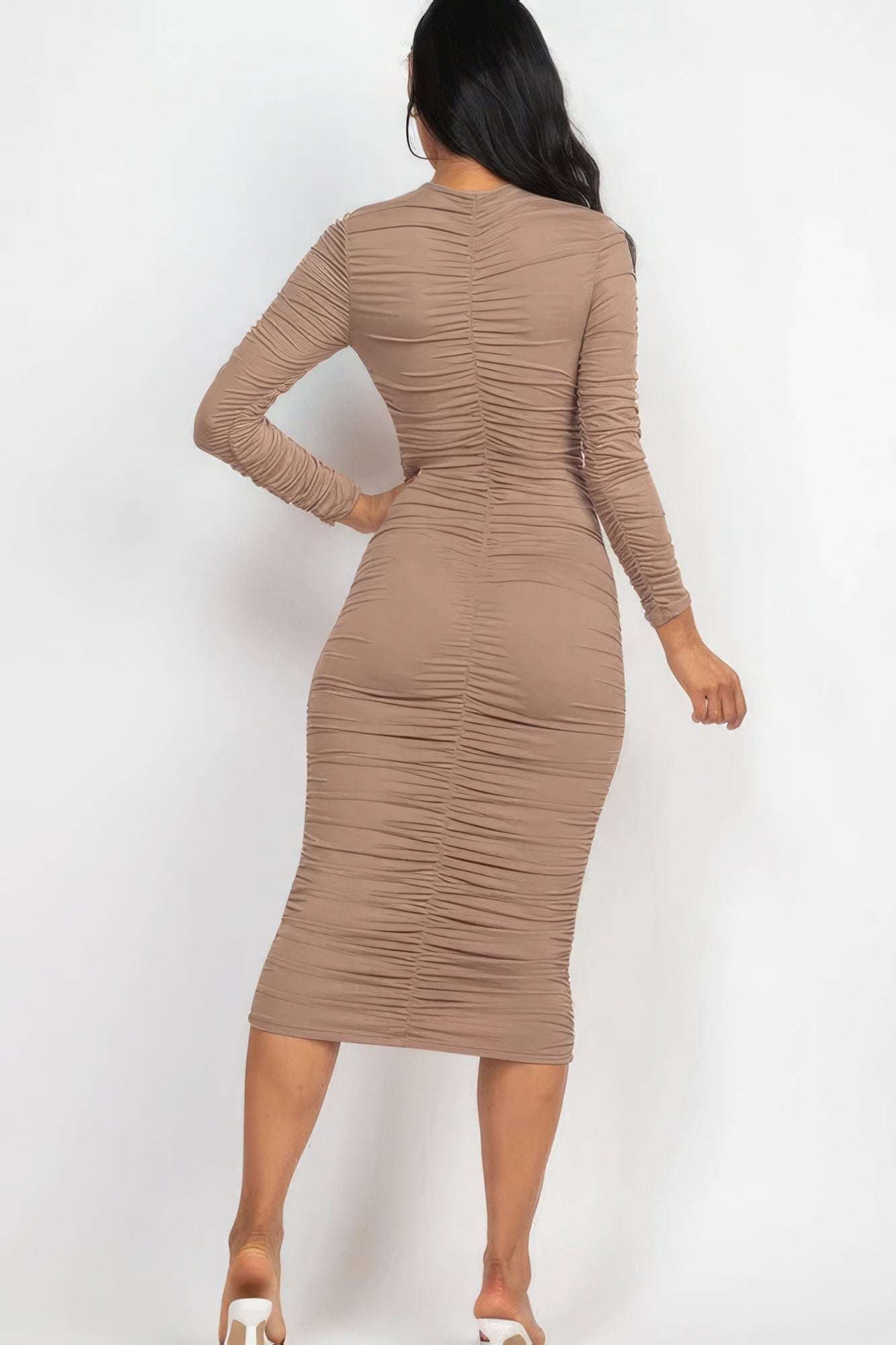 Ruched Long Sleeve Midi Dress - The Diva Goddess