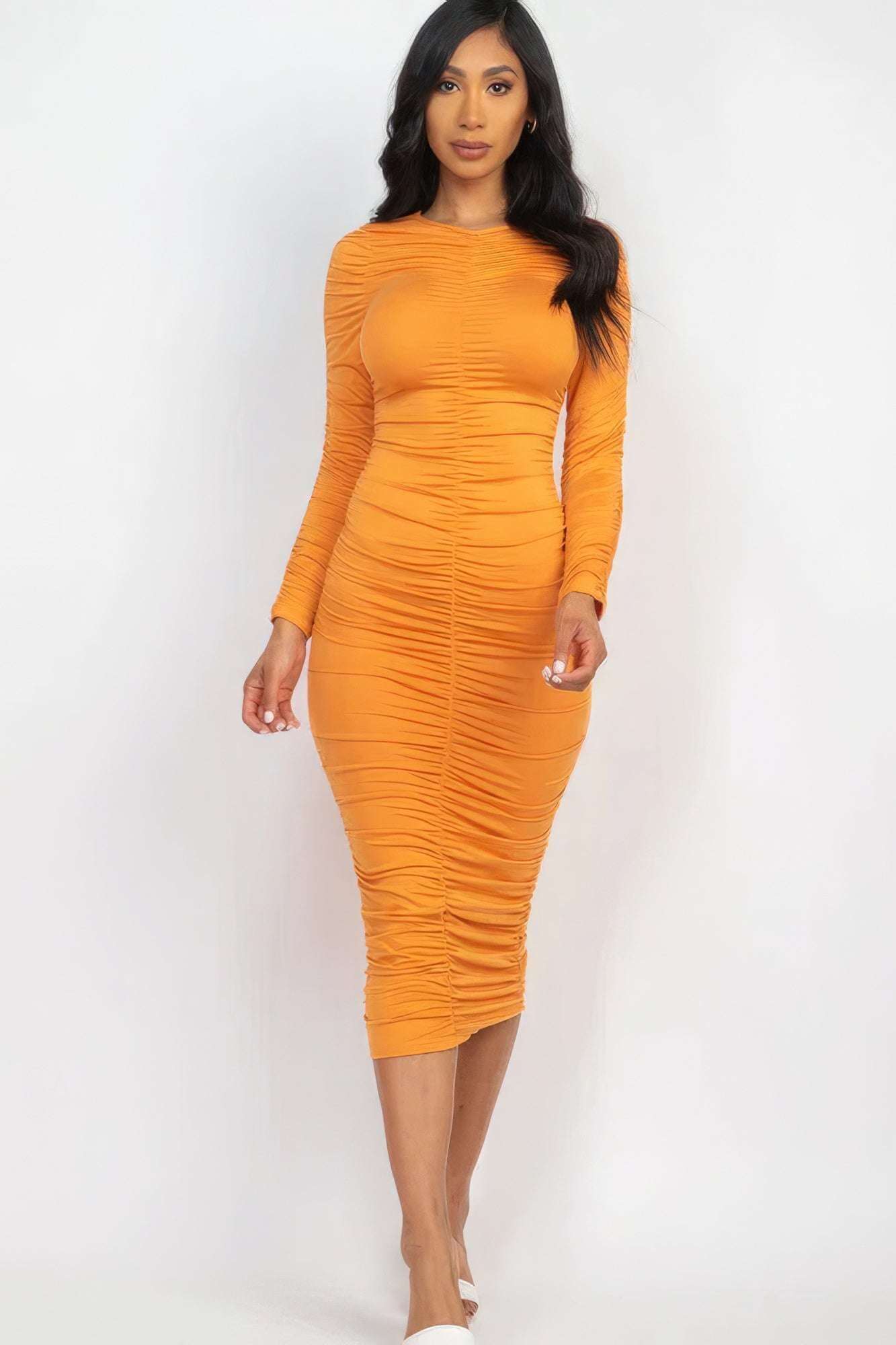 Ruched Long Sleeve Midi Dress - The Diva Goddess