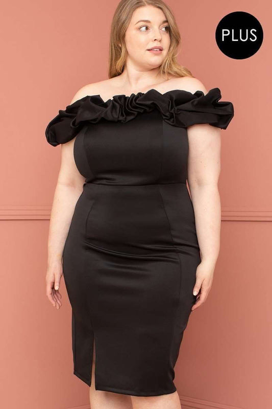 Ruffle Off The Shoulder Plus Size Midi Dress - The Diva Goddess