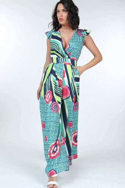 Ruffle Sleeve Surplice Jumpsuit - The Diva Goddess