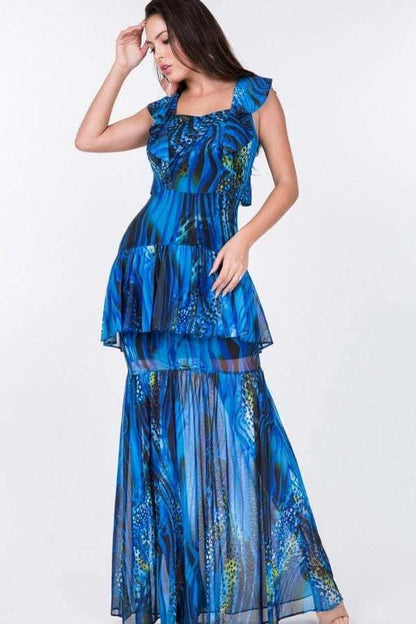 Ruffle Sleeve Tiered Bottom Print Long Dress - The Diva Goddess