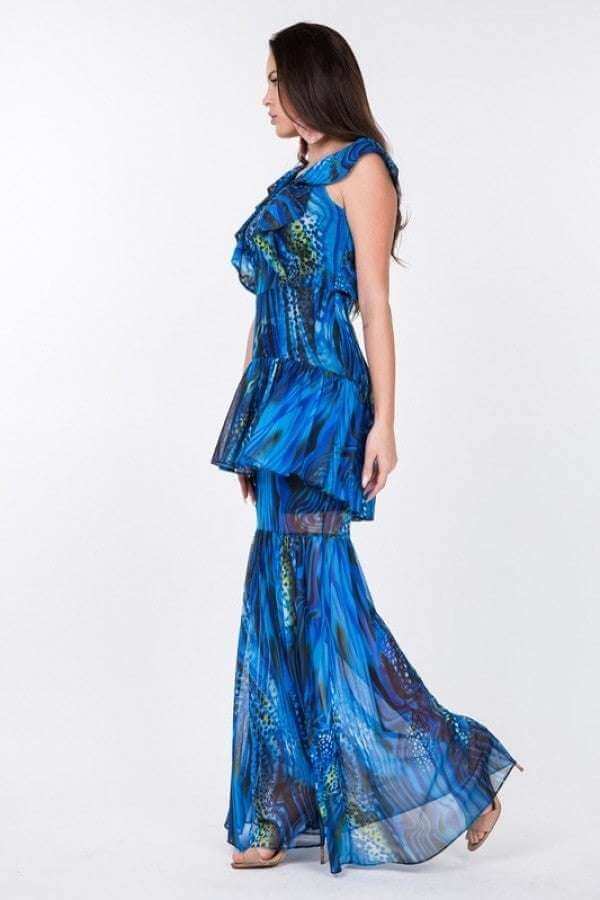 Ruffle Sleeve Tiered Bottom Print Long Dress - The Diva Goddess