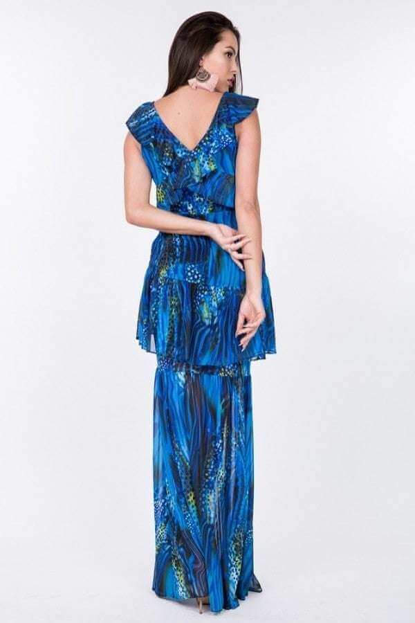 Ruffle Sleeve Tiered Bottom Print Long Dress - The Diva Goddess