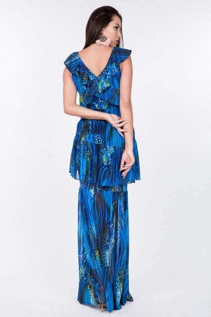 Ruffle Sleeve Tiered Bottom Print Long Dress - The Diva Goddess