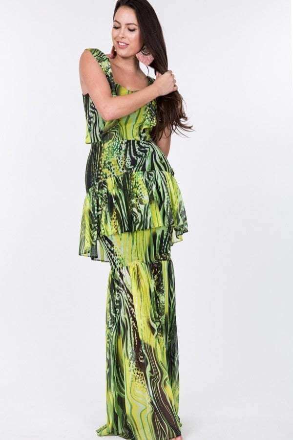 Ruffle Sleeve Tiered Bottom Print Long Dress - The Diva Goddess