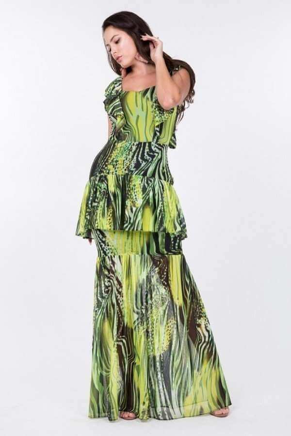 Ruffle Sleeve Tiered Bottom Print Long Dress - The Diva Goddess