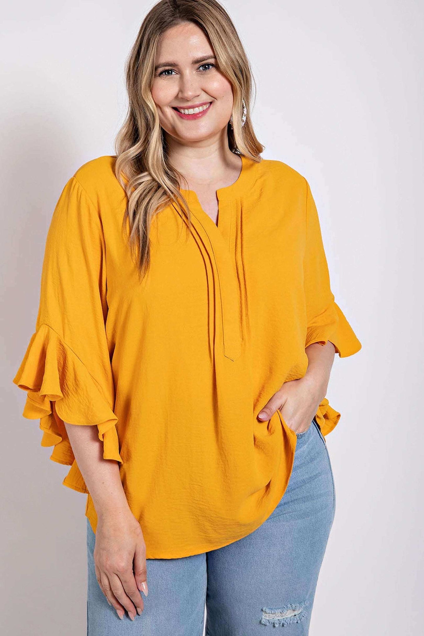 Ruffled Bell Sleeve And Front Pleated Detail Top - The Diva Goddess