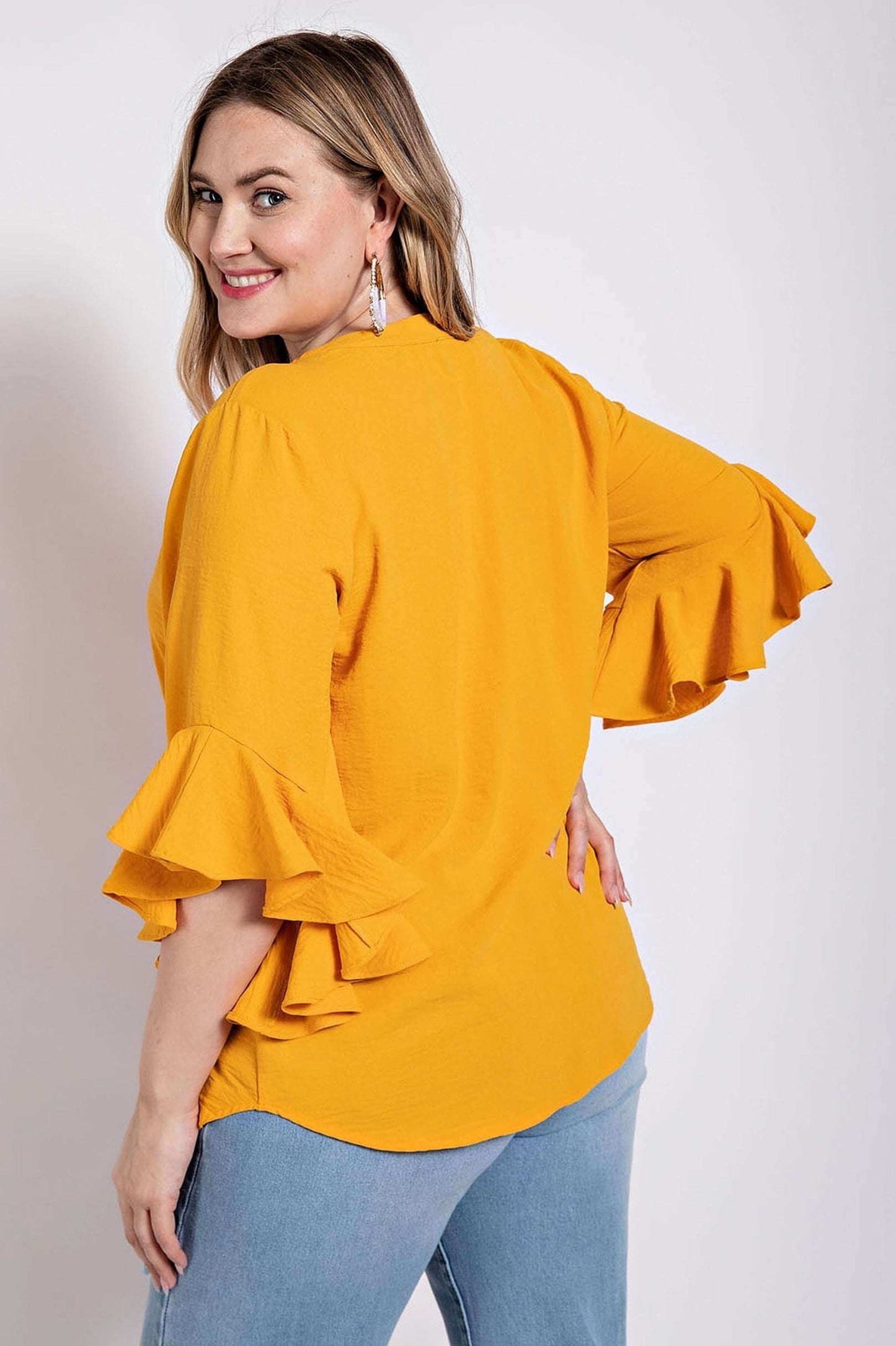 Ruffled Bell Sleeve And Front Pleated Detail Top - The Diva Goddess