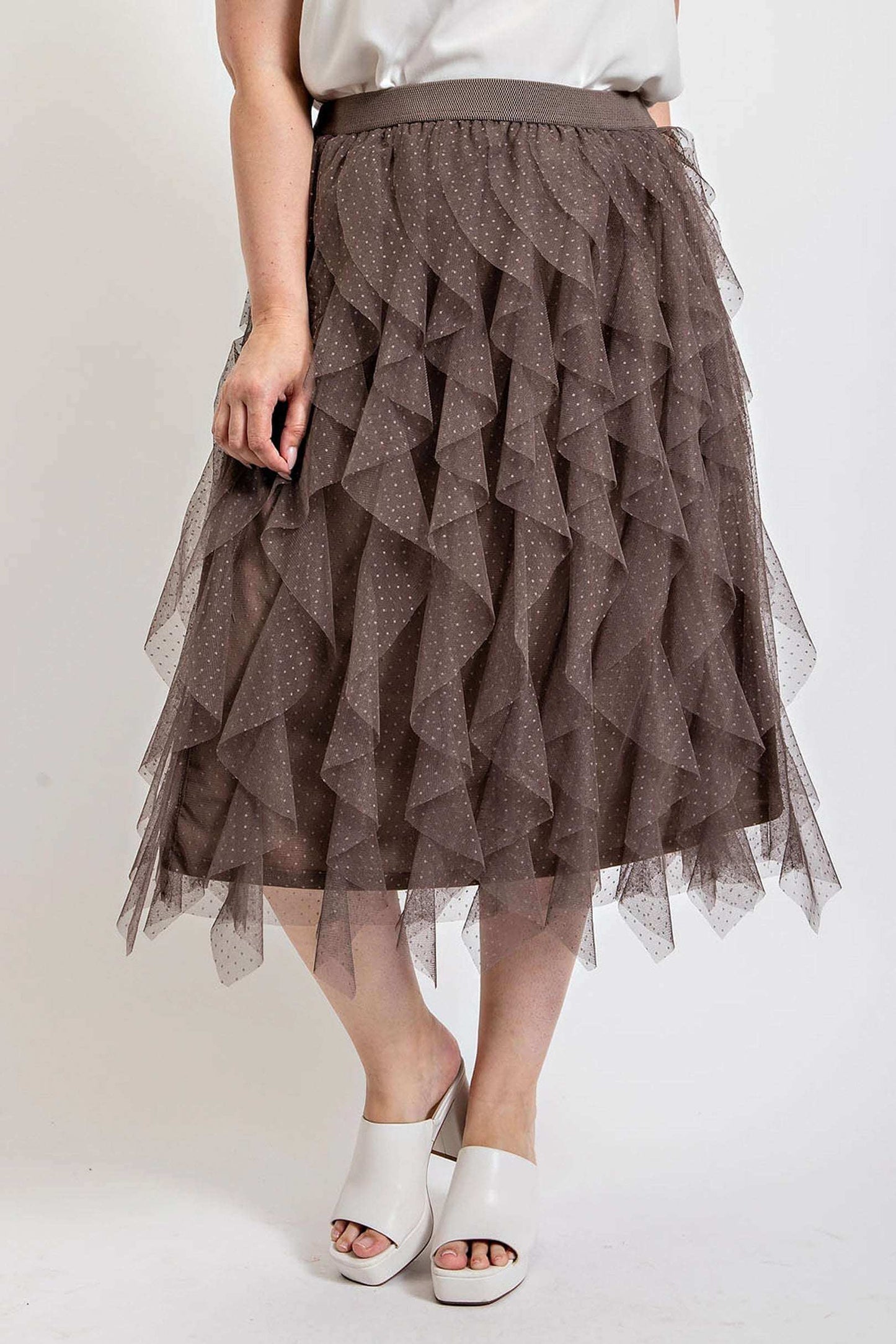 Ruffled Tulle Midi Skirt With Elastic Waist Band - The Diva Goddess