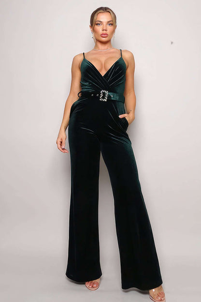 Samba Rhinestone Belt Velvet Jumpsuit - The Diva Goddess