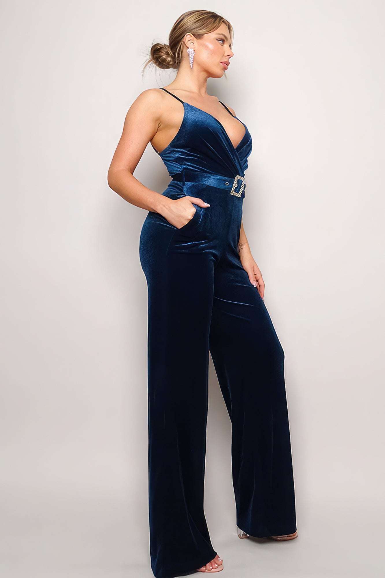 Samba Rhinestone Belt Velvet Jumpsuit - The Diva Goddess