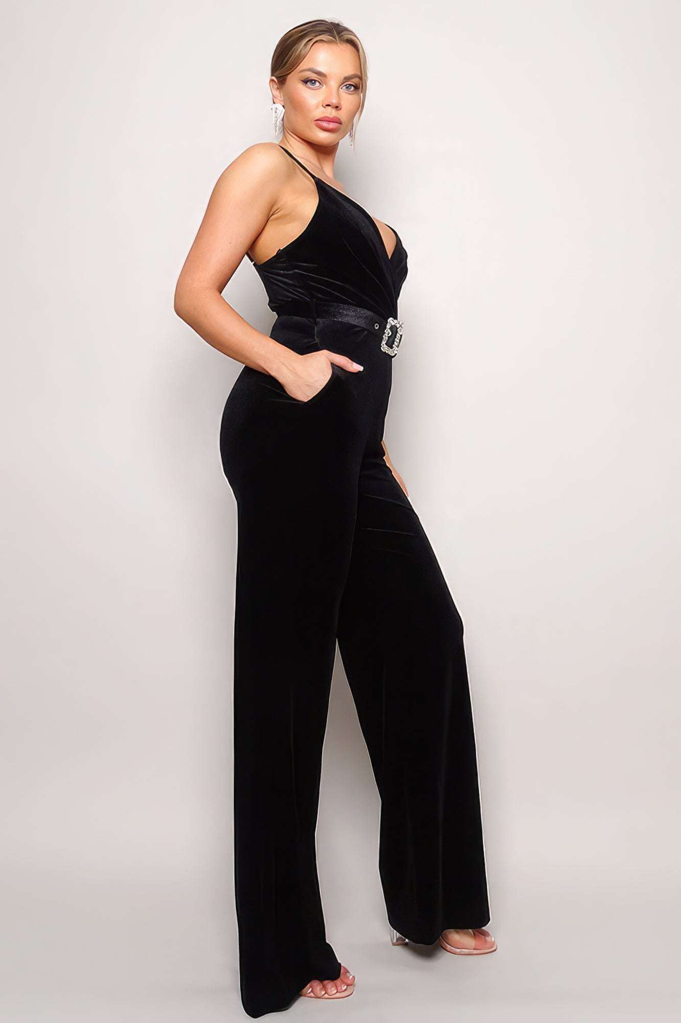 Samba Rhinestone Belt Velvet Jumpsuit - The Diva Goddess