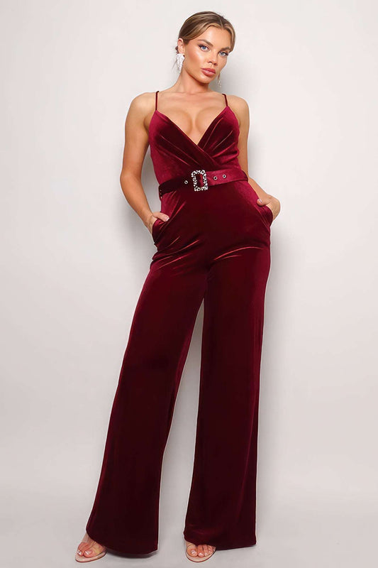 Samba Rhinestone Belt Velvet Jumpsuit - The Diva Goddess