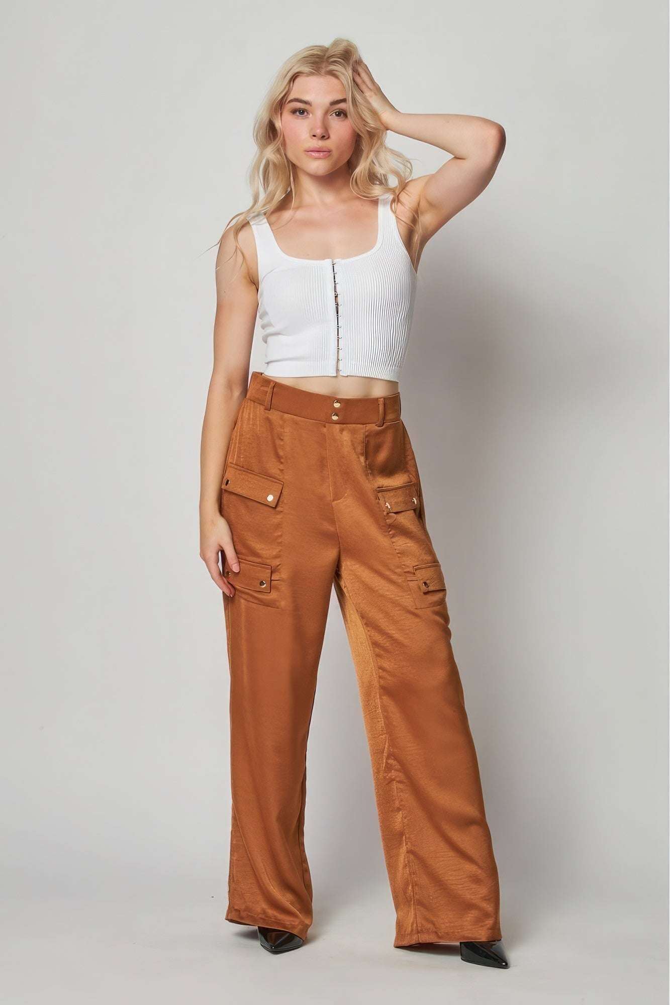 Satin Cargo Pocket Wide Leg Pants - The Diva Goddess