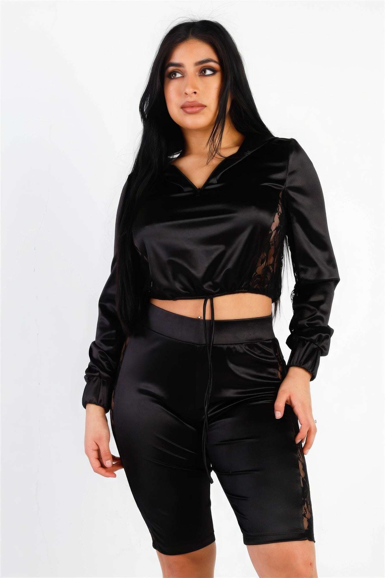 Satin Lace Details Long Sleeve Hooded Crop Top & Biker Short Set - The Diva Goddess