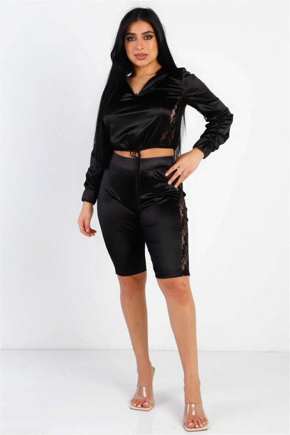 Satin Lace Details Long Sleeve Hooded Crop Top & Biker Short Set - The Diva Goddess