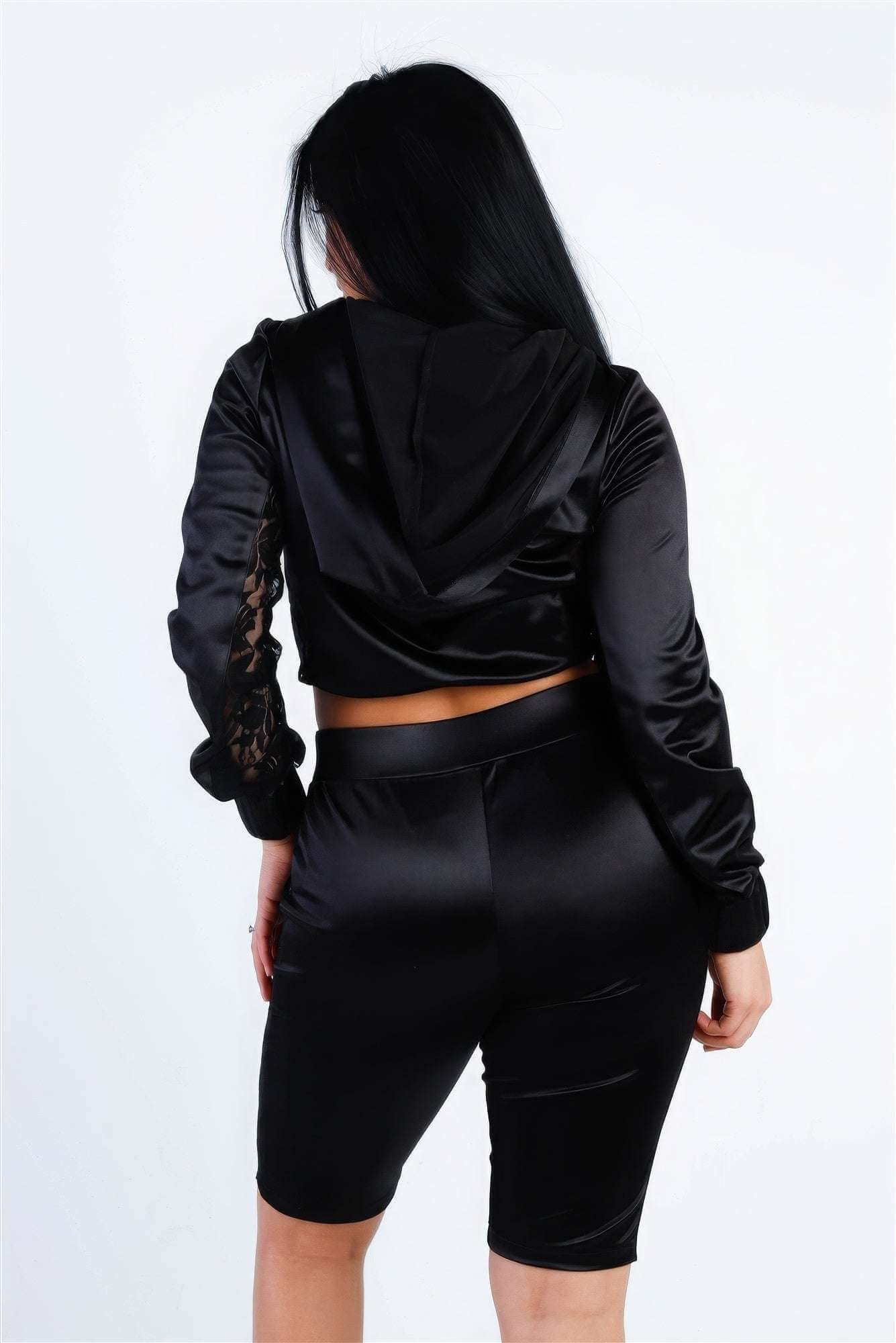 Satin Lace Details Long Sleeve Hooded Crop Top & Biker Short Set - The Diva Goddess