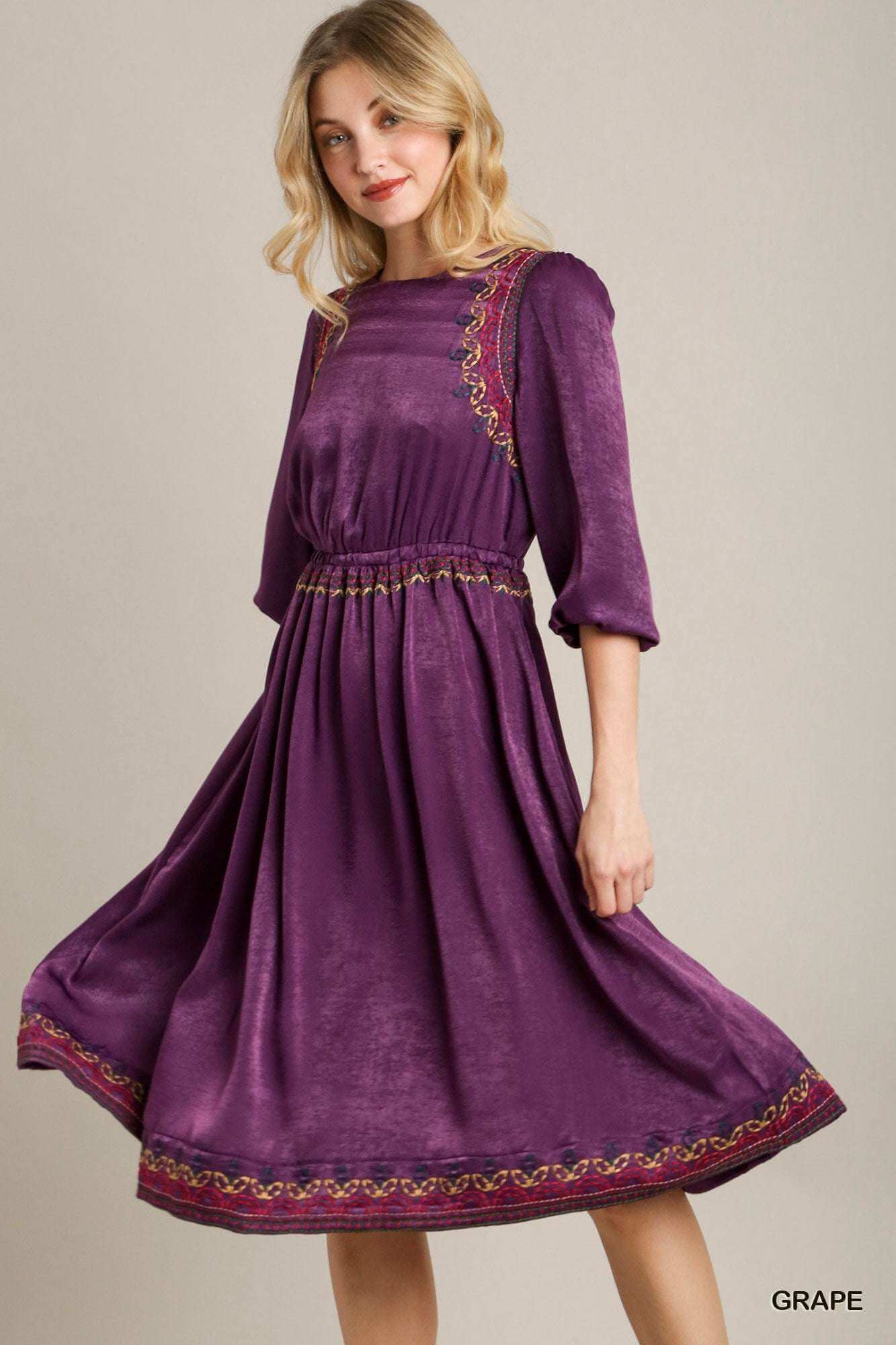 Satin Round Neck Embroidery Midi Dress - The Diva Goddess