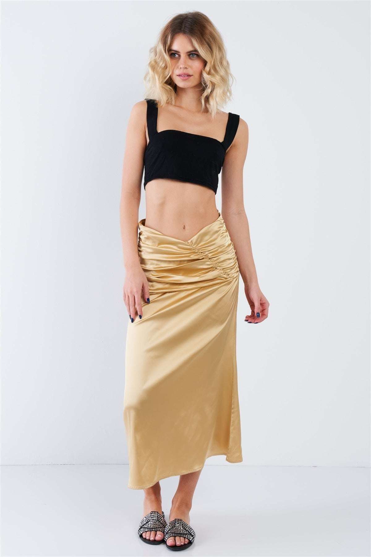 Satin Ruffle Waist Midi Skirt - The Diva Goddess