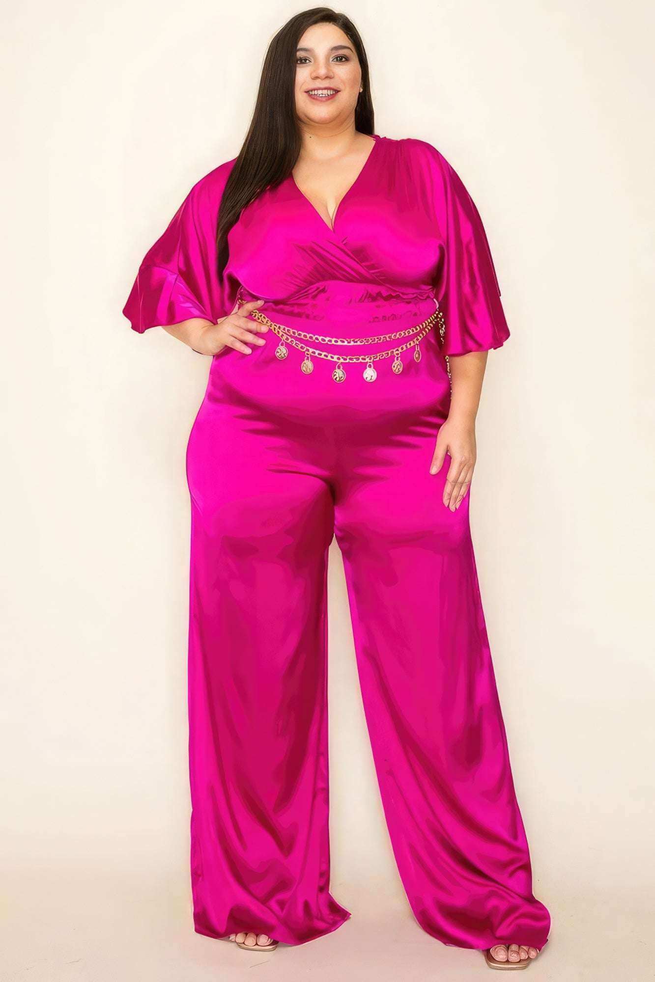 Satin Wrap Front Short Sleeve Smocked Waist Jumpsuit - The Diva Goddess