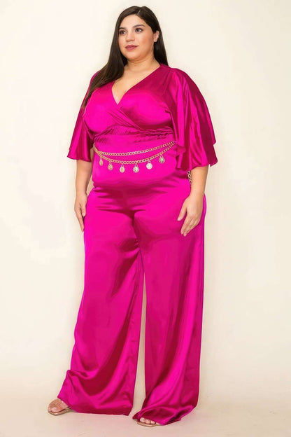 Satin Wrap Front Short Sleeve Smocked Waist Jumpsuit - The Diva Goddess