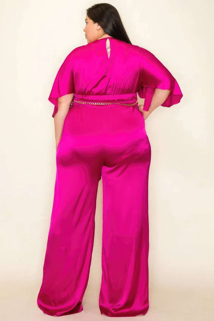 Satin Wrap Front Short Sleeve Smocked Waist Jumpsuit - The Diva Goddess