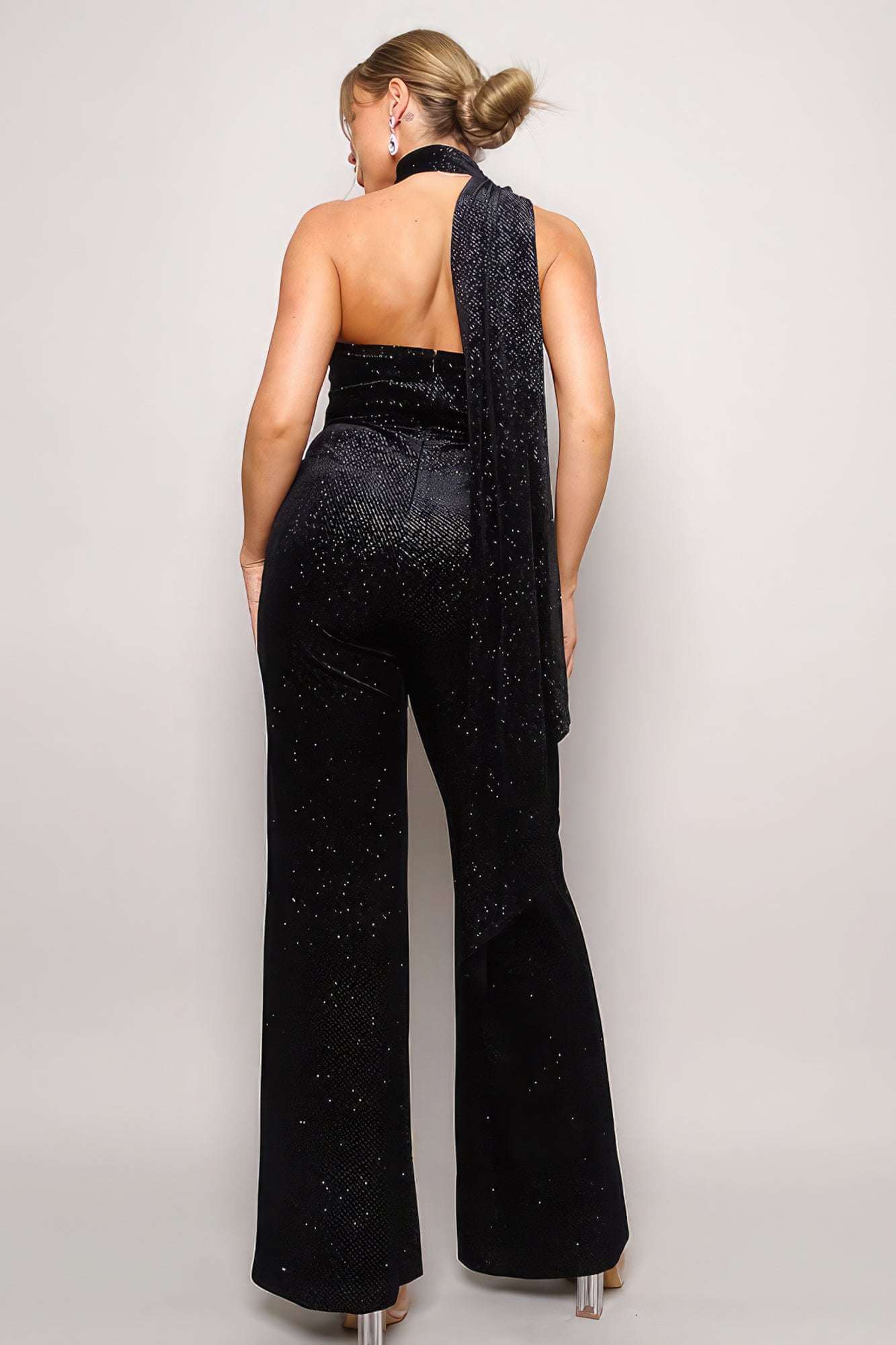 Scarf Top Glitter Velvet Jumpsuit - The Diva Goddess