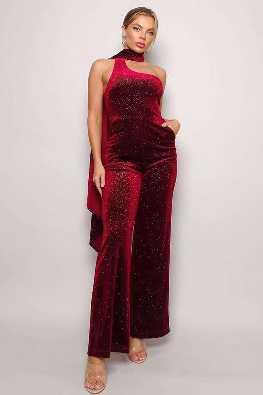 Scarf Top Glitter Velvet Jumpsuit - The Diva Goddess