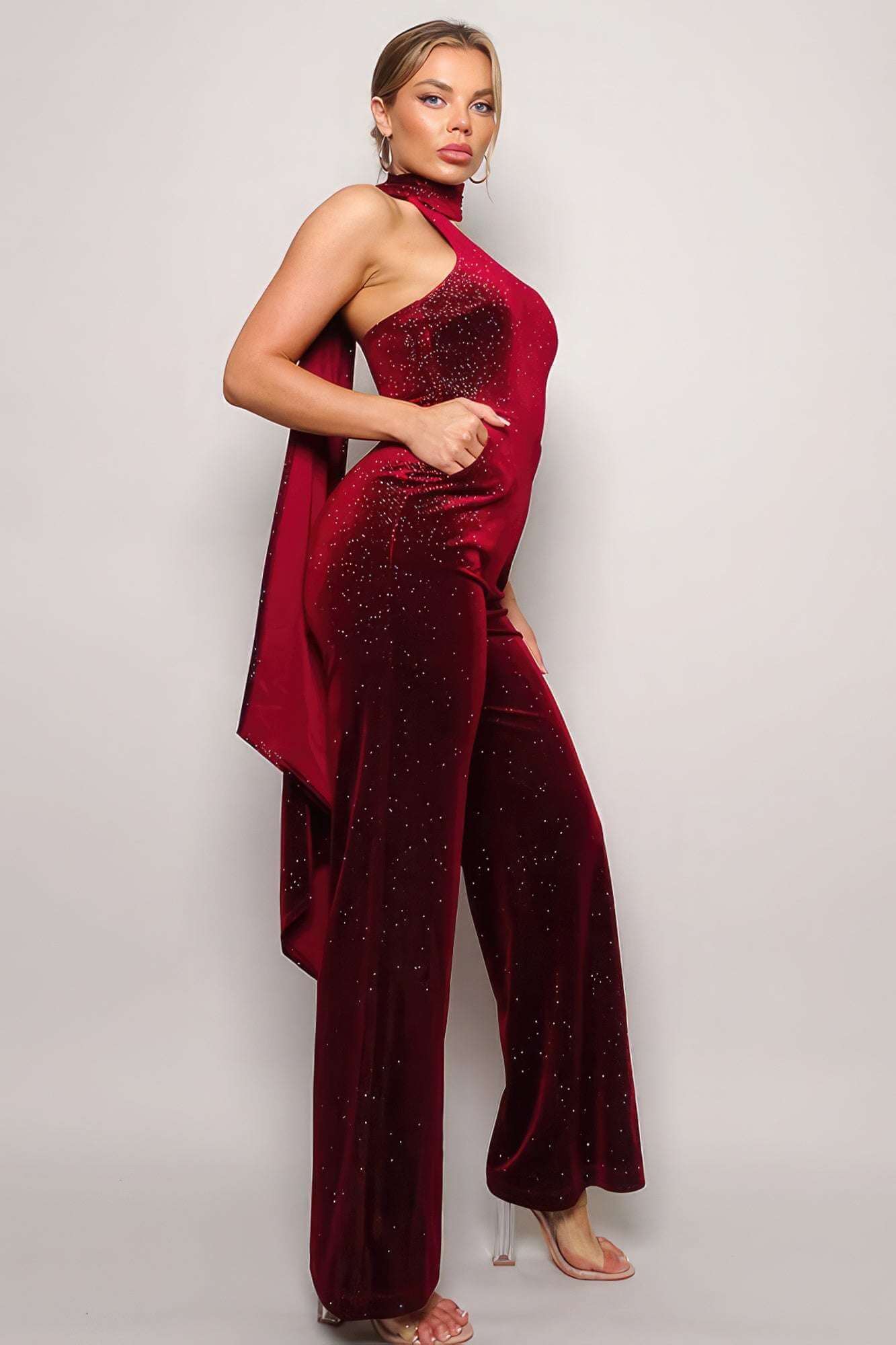 Scarf Top Glitter Velvet Jumpsuit - The Diva Goddess