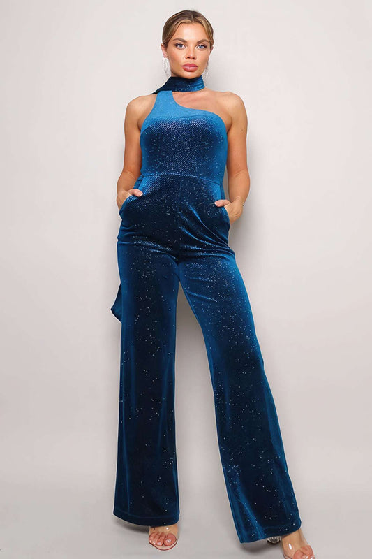 Scarf Top Glitter Velvet Jumpsuit - The Diva Goddess